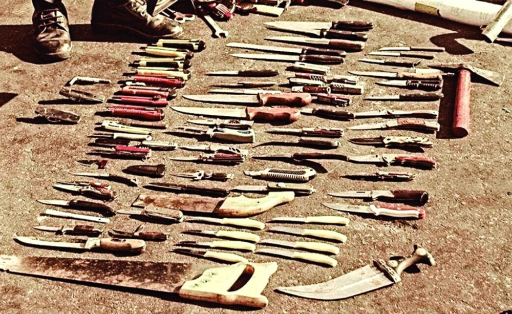 Knives confiscated at a security checkpoint near Jerusalem during a four-hour period on Oct. 14. Photo was sent to  Gilor Meshulam by a military colleague.